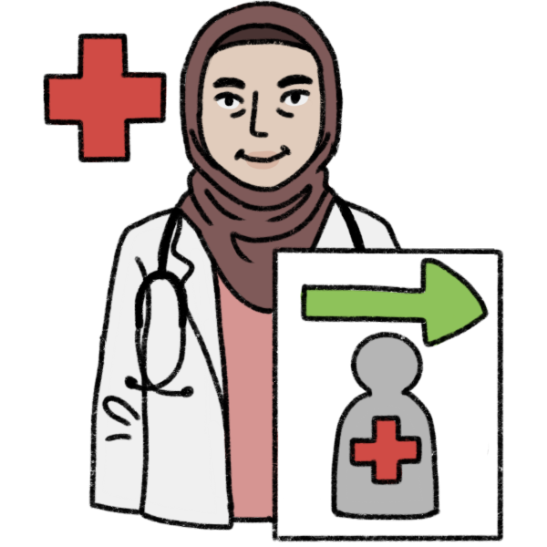 a doctor with a medical red cross symbol next to her, and a paper in front of her that shows a green “go” arrow and the silhouette of another doctor with a red cross symbol. The doctor is a middle aged woman with pale skin. She wears a white doctor’s coat, a stethoscope, pink scrubs, and a mauve hijab.